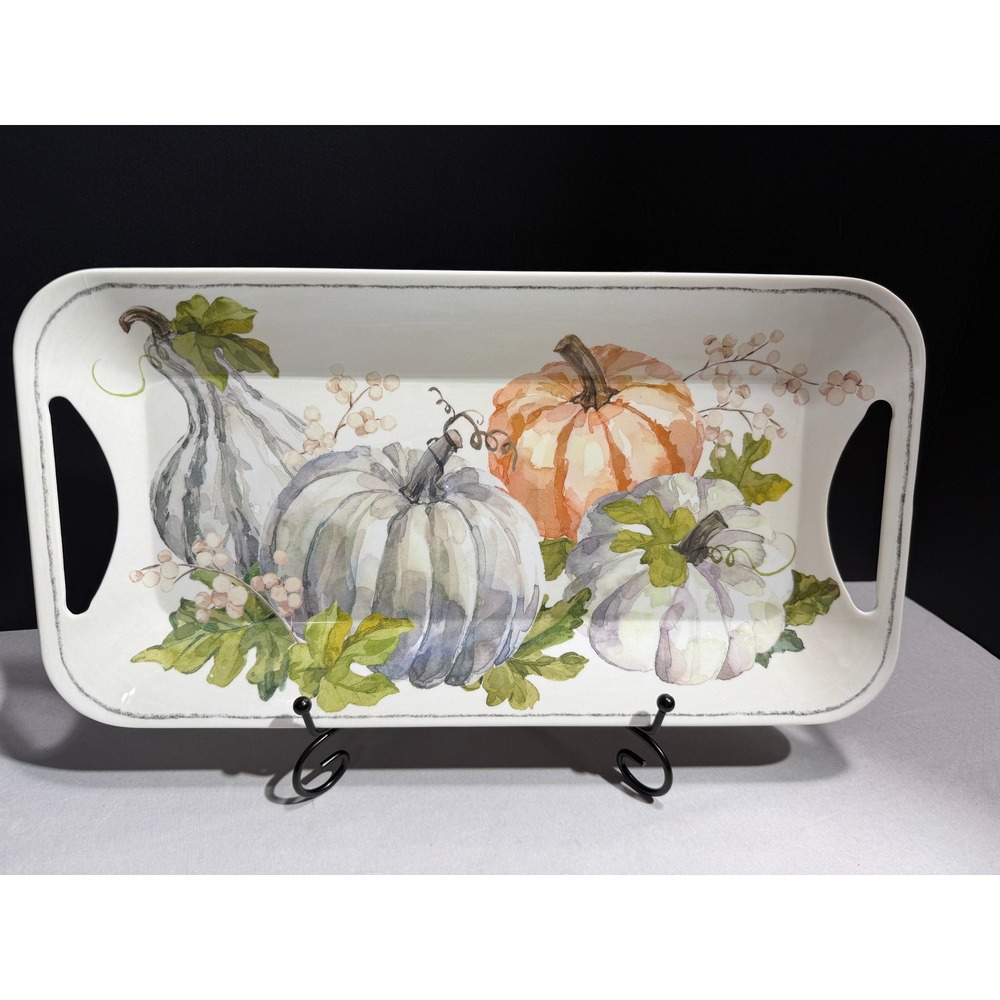 Watercolor Pumpkin Melamine Serving Tray with Handles Fall Harvest Decor
